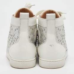 Christian Louboutin White/Grey Leather Crystal Embellished High Top Sneakers Size 38.5