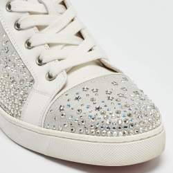 Christian Louboutin White/Grey Leather Crystal Embellished High Top Sneakers Size 38.5