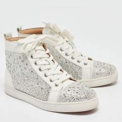 Christian Louboutin White/Grey Leather Crystal Embellished High Top Sneakers Size 38.5