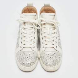 Christian Louboutin White/Grey Leather Crystal Embellished High Top Sneakers Size 38.5
