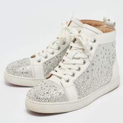 Christian Louboutin White/Grey Leather Crystal Embellished High Top Sneakers Size 38.5