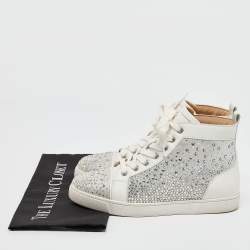 Christian Louboutin White/Grey Leather Crystal Embellished High Top Sneakers Size 38.5