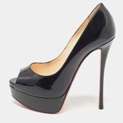 Pre Owned Christian Louboutin Black Patent Lady Peep Peep Toe Pumps Size 35.5