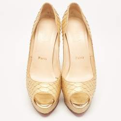 مملوكة مسبقًا Christian Louboutin Gold Python Lady Peep Pumps Size 39.5