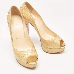 مملوكة مسبقًا Christian Louboutin Gold Python Lady Peep Pumps Size 39.5