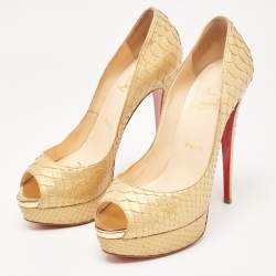 مملوكة مسبقًا Christian Louboutin Gold Python Lady Peep Pumps Size 39.5