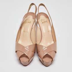 Christian Louboutin Beige Patent Leather Marpoil Peep Toe Pumps Size 41