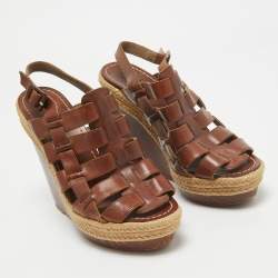 Christian Louboutin Brown Leather Espadrille Wedge Strappy Slingback Sandals Size 39