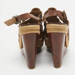 Christian Louboutin Brown Leather Espadrille Wedge Strappy Slingback Sandals Size 39