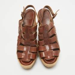 Christian Louboutin Brown Leather Espadrille Wedge Strappy Slingback Sandals Size 39