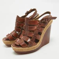 Christian Louboutin Brown Leather Espadrille Wedge Strappy Slingback Sandals Size 39