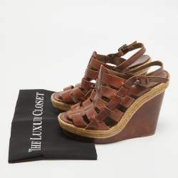 Christian Louboutin Brown Leather Espadrille Wedge Strappy Slingback Sandals Size 39