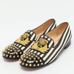 Christian Louboutin Multicolor Patent Leather And Canvas Havanana Spiked Smoking Slippers Size 38