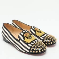 Christian Louboutin Multicolor Patent Leather And Canvas Havanana Spiked Smoking Slippers Size 38