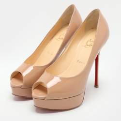 Christian Louboutin Beige Patent Leather Lady Peep Peep Toe Pumps Size 38.5