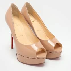 Christian Louboutin Beige Patent Leather Lady Peep Peep Toe Pumps Size 38.5