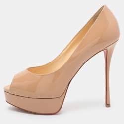 Christian Louboutin Beige Patent Leather Lady Peep Peep Toe Pumps Size 38.5