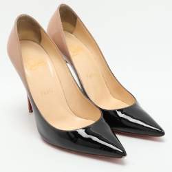 Pre Owned Christian Louboutin Black/Beige Patent Leather Pigalle Pumps Size 37.5