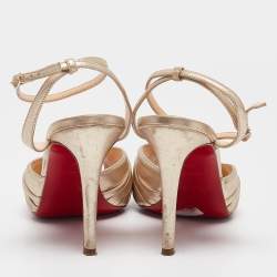Pre Owned Christian Louboutin Gold Leather Greissimo Ankle Strap Sandals Size 37.5