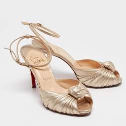 Pre Owned Christian Louboutin Gold Leather Greissimo Ankle Strap Sandals Size 37.5