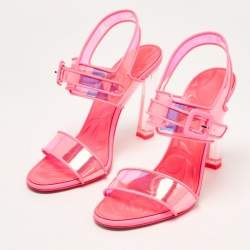 Pre Owned Christian Louboutin Neon Pink Leather and Duniss Ankle Strap Sandals Size 39