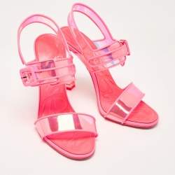 Pre Owned Christian Louboutin Neon Pink Leather and Duniss Ankle Strap Sandals Size 39