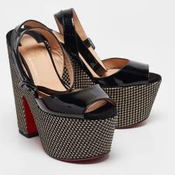 Pre Owned Christian Louboutin Black Patent Leather Platform Ankle Strap Sandals Size 37.5
