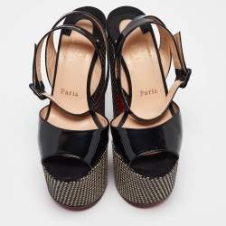 Pre Owned Christian Louboutin Black Patent Leather Platform Ankle Strap Sandals Size 37.5