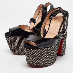 Pre Owned Christian Louboutin Black Patent Leather Platform Ankle Strap Sandals Size 37.5
