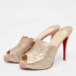 Christian Louboutin Beige Leather Snakeskin and Leather Ananas Slide Sandals Size 38.5