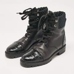 Christian Louboutin Black Croc Embossed and Leather Ankle Length Boots Size 39