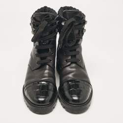 Christian Louboutin Black Croc Embossed and Leather Ankle Length Boots Size 39