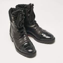 Christian Louboutin Black Croc Embossed and Leather Ankle Length Boots Size 39