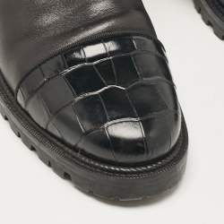 Christian Louboutin Black Croc Embossed and Leather Ankle Length Boots Size 39