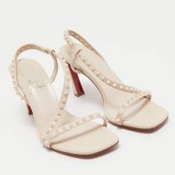 Pre Owned Christian Louboutin Beige Leather Rosa Spike Ankle Strap Sandals 37.5
