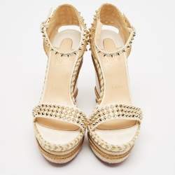 مملوكة مسبقًا Christian Louboutin Cream Leather and Raffia Wedge Ankle Strap Sandals Size 40