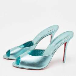 Christian Louboutin Metallic Blue Leather Me Dolly Slide Sandals Size 39.5