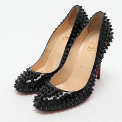 Pre Owned Christian Louboutin Black Patent Leather Simple Spike Pumps Size 37.5