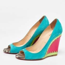 Christian Louboutin Multicolor Suede and Patent Leather Miramar Wedge Pumps Size 38.5