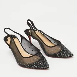 Christian Louboutin Black Mesh Follies Strass Slingback Pumps Size 39.5