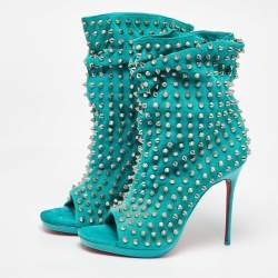 Christian Louboutin Aqua Blue Suede Guerilla Spiked Ankle Length Boots Size 36