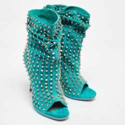 Christian Louboutin Aqua Blue Suede Guerilla Spiked Ankle Length Boots Size 36