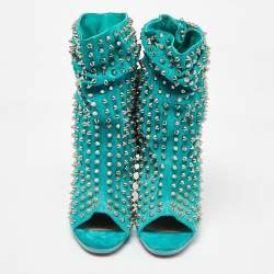 Christian Louboutin Aqua Blue Suede Guerilla Spiked Ankle Length Boots Size 36