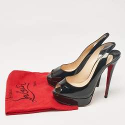 Christian Louboutin Black Patent Leather Lady Peep Slingback Pumps Size 39.5
