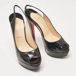 Christian Louboutin Black Patent Leather Lady Peep Slingback Pumps Size 39.5