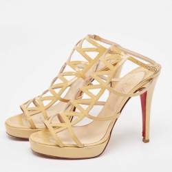 Christian Louboutin Beige Patent Leather Cut Out Strappy Sandals Size 37.5