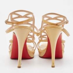 Christian Louboutin Beige Patent Leather Cut Out Strappy Sandals Size 37.5