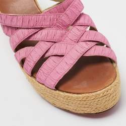 Pre Owned Christian Louboutin Pink Pleated Fabric Espadrille Wedge Slide Sandals Size 41