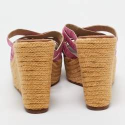 Pre Owned Christian Louboutin Pink Pleated Fabric Espadrille Wedge Slide Sandals Size 41