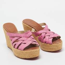 Pre Owned Christian Louboutin Pink Pleated Fabric Espadrille Wedge Slide Sandals Size 41